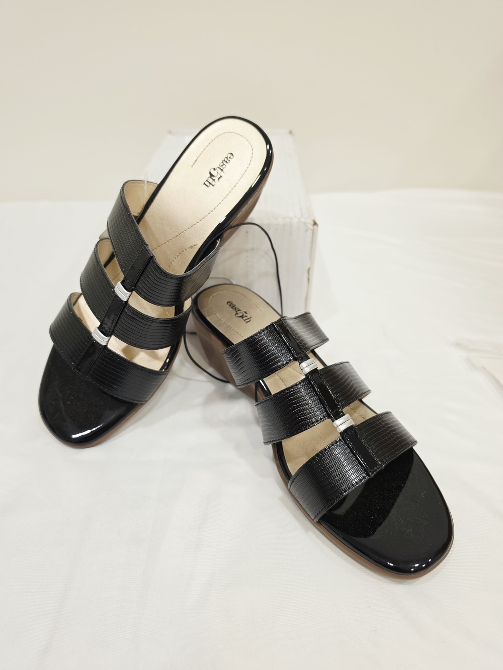 East 5th Black Three-Strap Slide Sandals